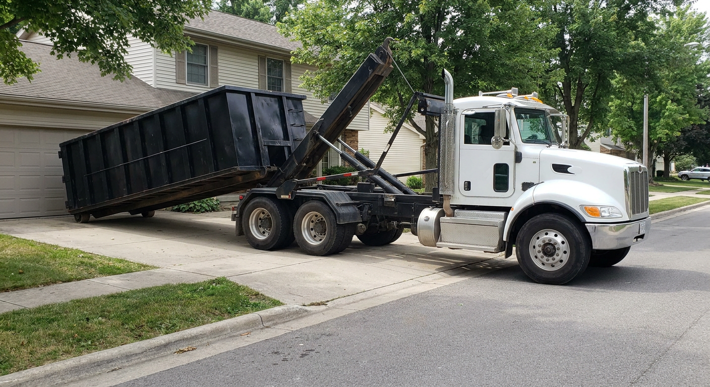White-cab hooklift roll-off truck actively lowering a matte-black dumpster onto a Orem residential concrete driveway, the dumpster's rear wheels touching the driveway as the hoist arm tilts the bed forward, mid-morning daylight.