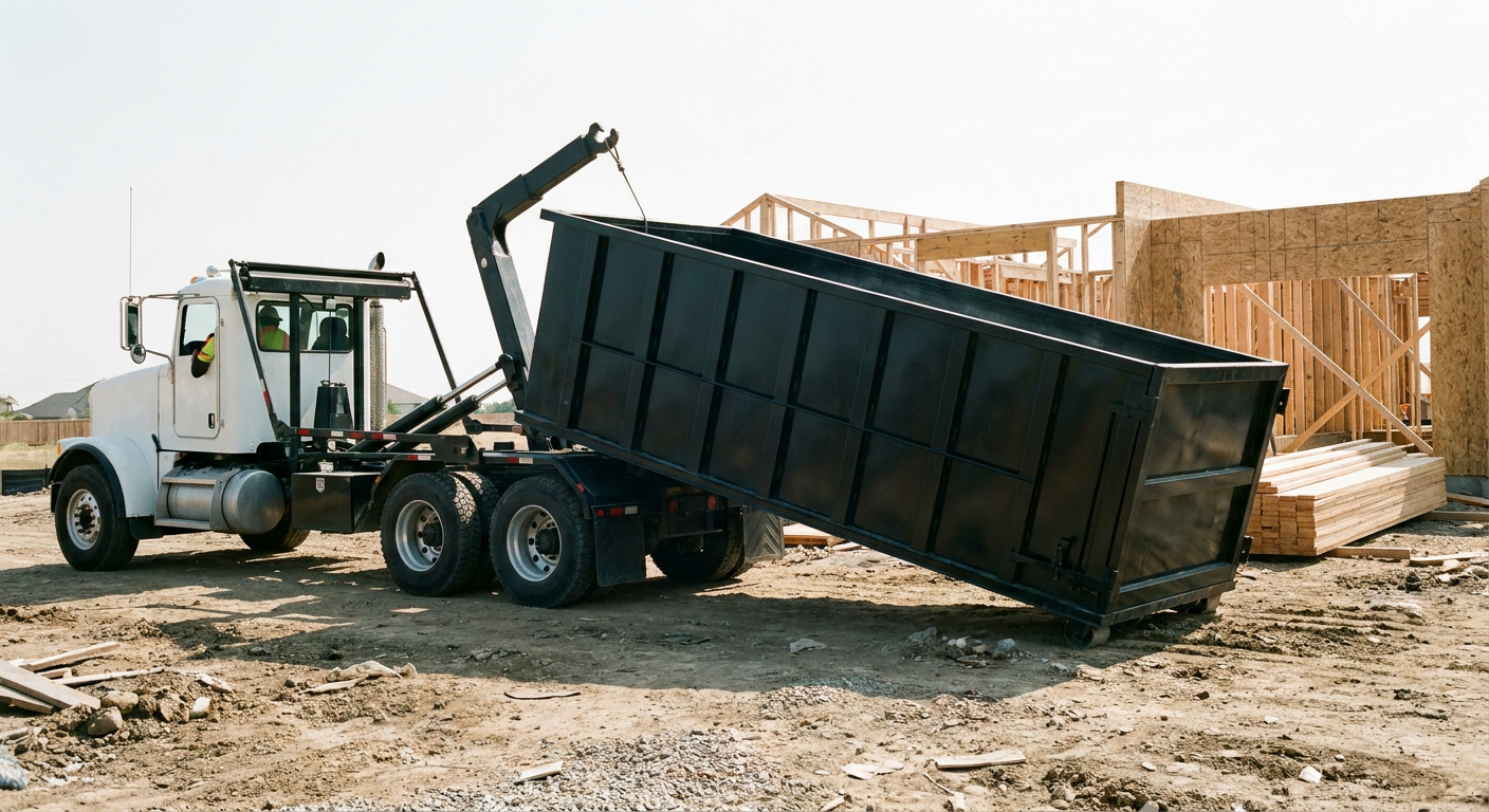 Matte-black roll-off dumpster being delivered onto a clean residential concrete driveway in Orem by an unmarked white hooklift hauler truck, bright morning daylight, documentary 35mm perspective.
